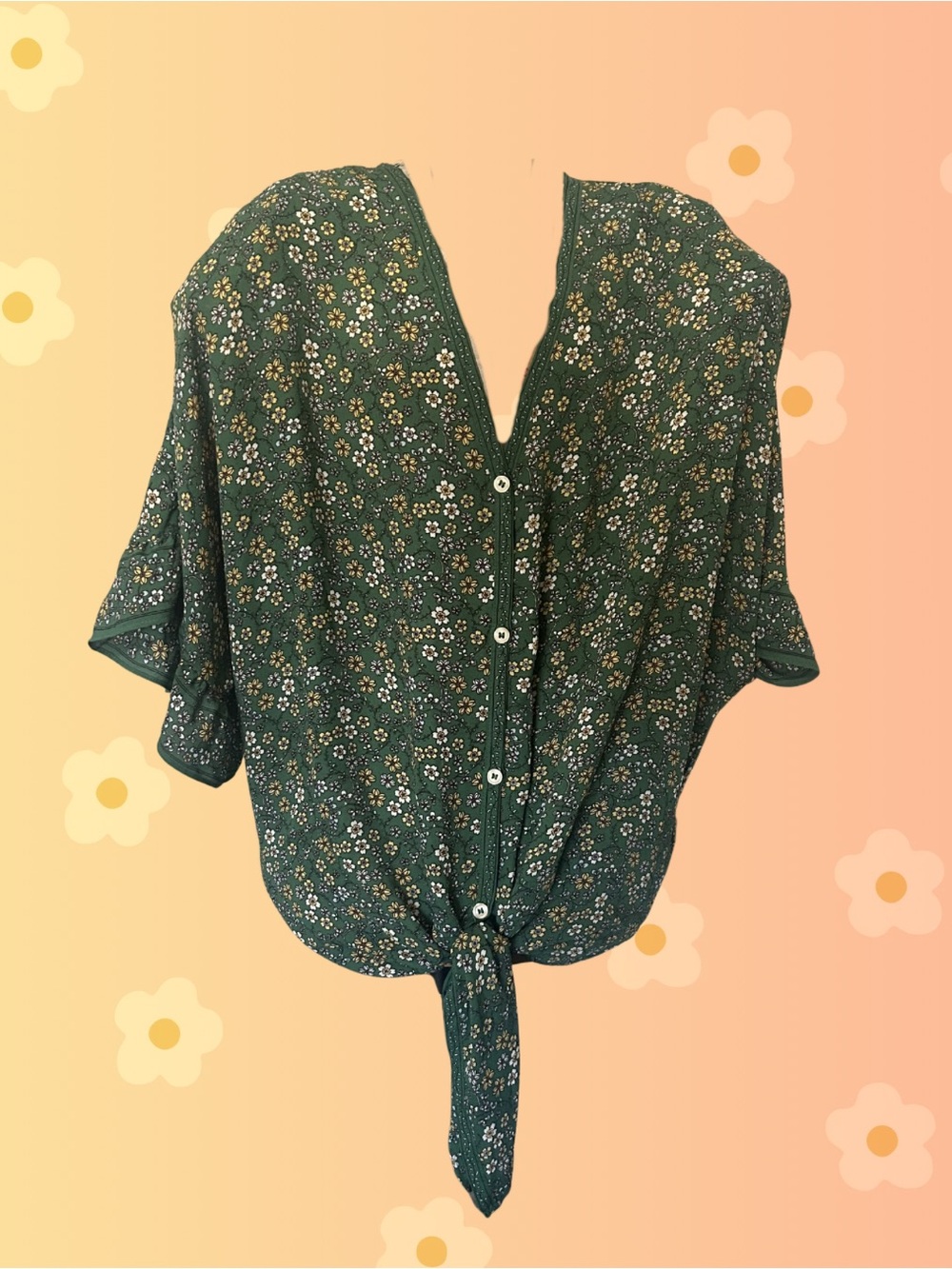 Green floral hippie shirt with tie front